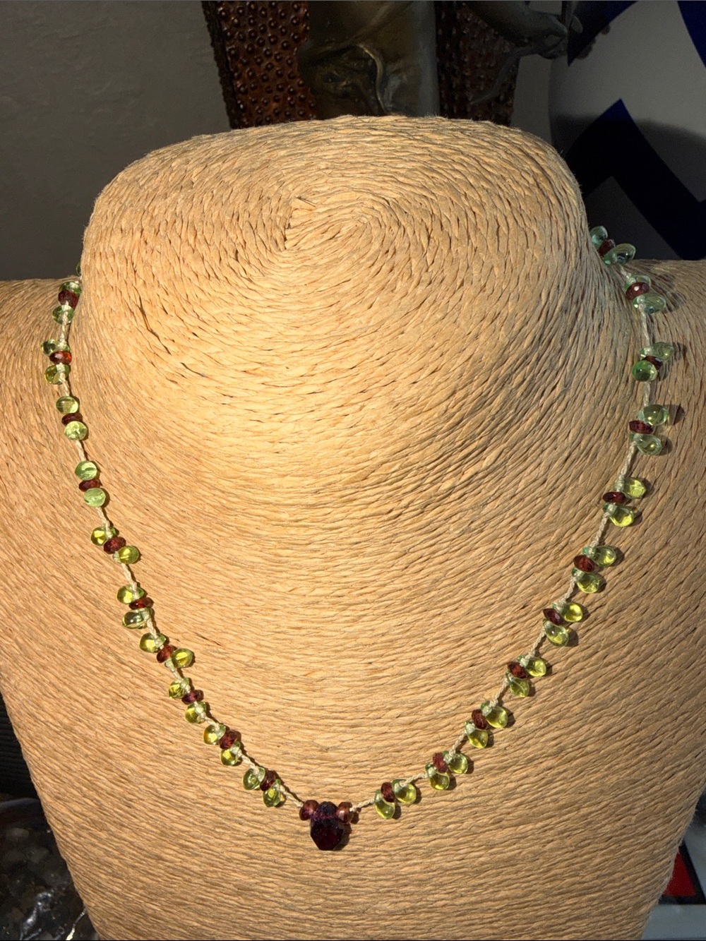 Green and Garnet Beaded Necklace sterling silver toggle clasp